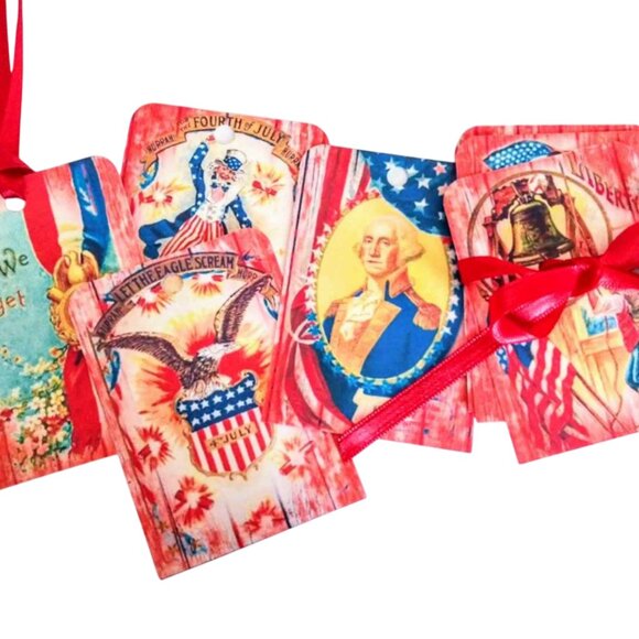 16 Pc Set Large Vintage Style Red Barnboard Independence Day Patriotic Tags - Picture 1 of 7